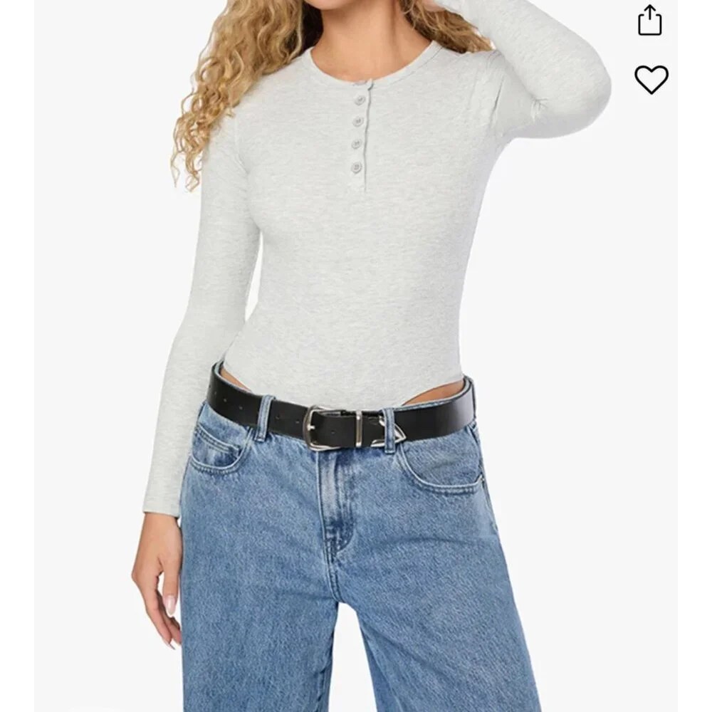 WeWoreWhat Womens Henley Bodysuit Gray Sz M Ribbed Long-Sleeve Comfy Stretch NWT - Picture 11 of 11